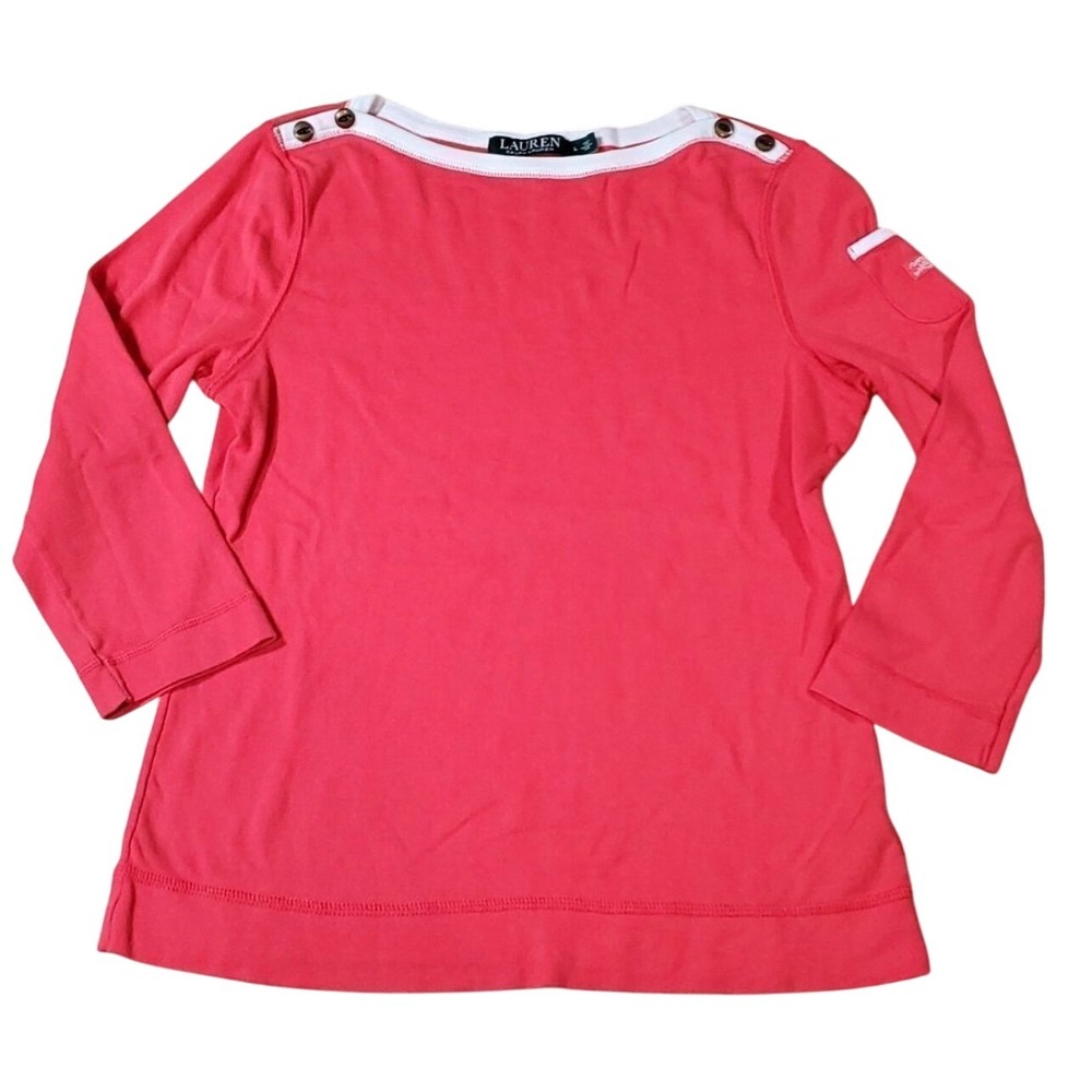 Lauren Ralph Lauren Top Button Shoulder Red Boatneck Pocket‎ Size SMALL